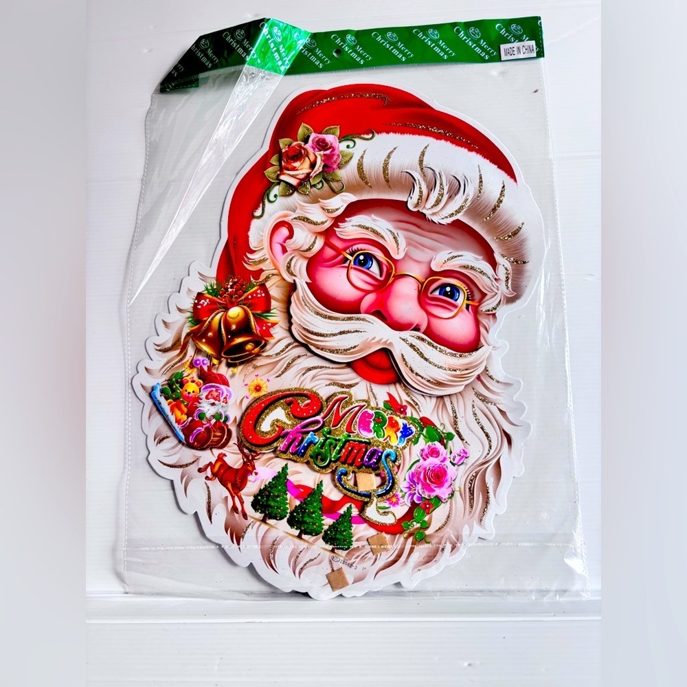 Vintage Santa Head Glitter Christmas Wall Decoration